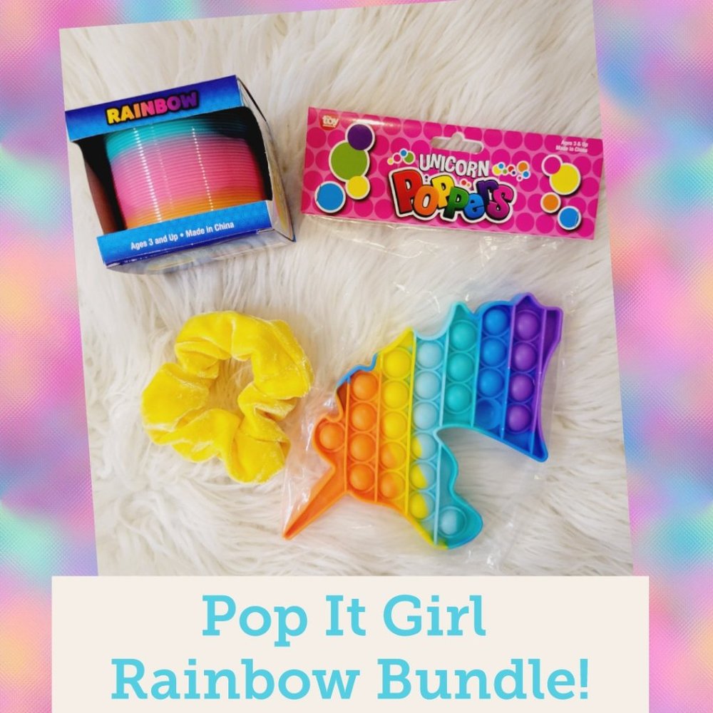 Pop it Girl, Unicorn Pop It! New Scrunchie & Rainbow Slinky! Rainbow Bundle!